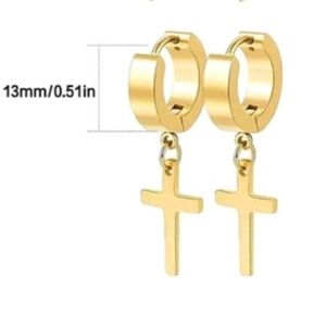 NEW Gold Toned Stainless Steel Hoop Cross Dangle Earrings